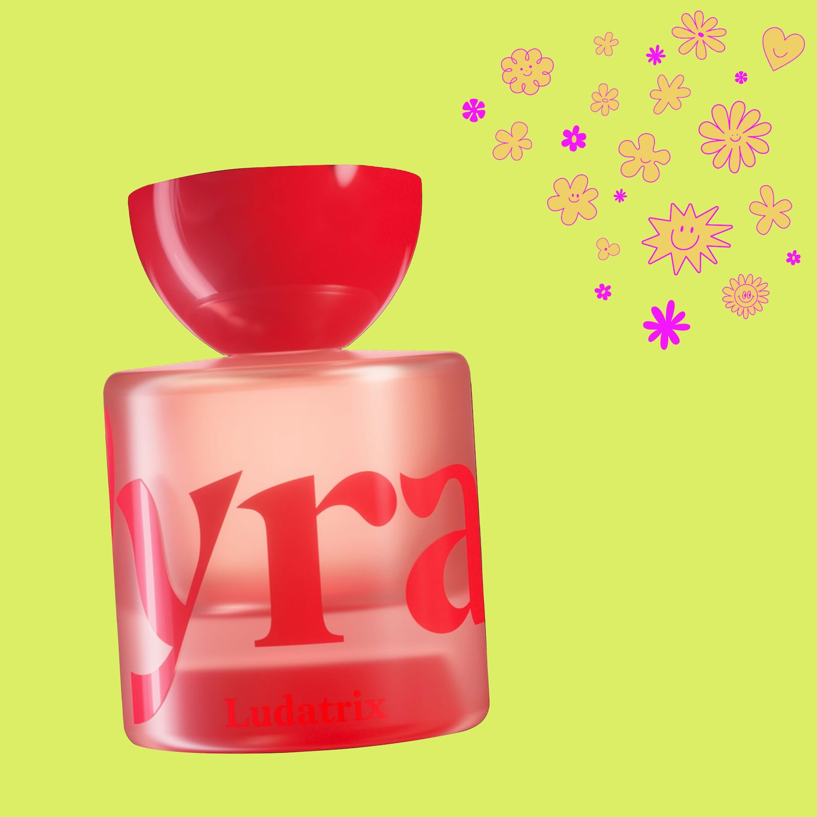 ludatrix perfume on a green background with orange and pink shapes