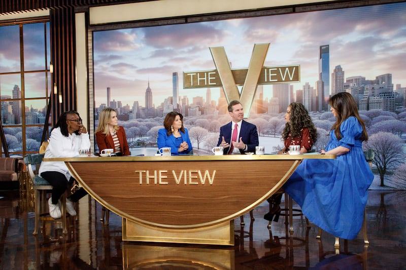 THE VIEW - 2/9/26 - Governor Andy Beshear (D-KY) is a guest on “The View” airing on Monday, February 9, 2026. “The View” airs Monday - Friday, 11am - 12 noon ET on ABC.
(ABC/ Lou Rocco)
WHOOPI GOLDBERG, SARA HAINES, ANA NAVARRO, ANDY BESHEAR, SUNNY HOSTIN, ALYSSA FARAH GRIFFIN