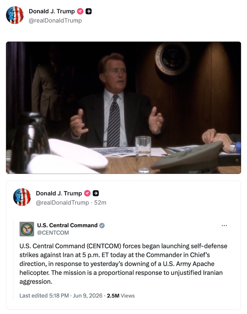 Donald Trump's Truth Social post referencing The West Wing