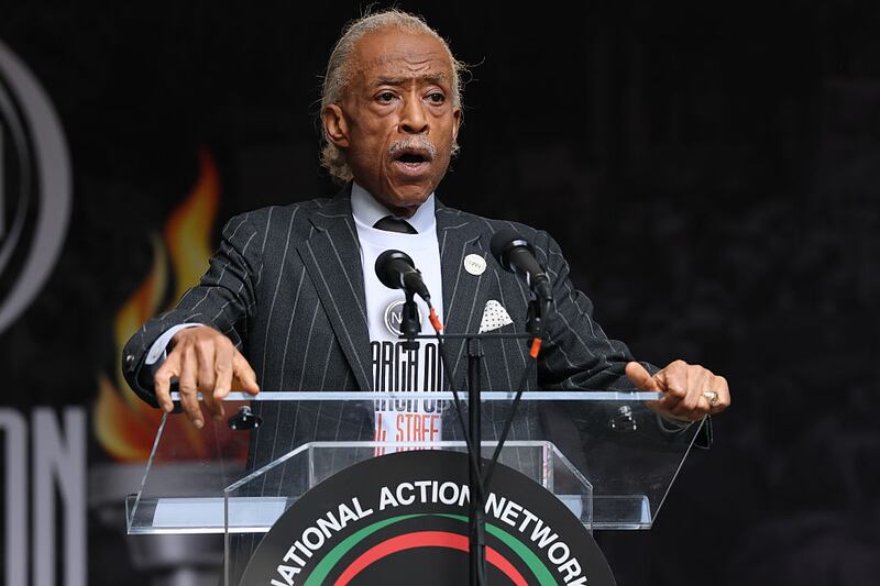 Rev. Al Sharpton speaks during the March on Wall Street on August 28, 2025 in New York City. Rev. Al Sharpton and National Action Network (NAN) lead a protest march on Wall Street, which began at Foley Square, to urge corporate America to resist the Trump administration’s campaign to roll back diversity, equity and inclusion (DEI) initiatives. The march comes on the anniversary of the Civil Rights-era March on Washington in 1963. (Photo by Michael M. Santiago/Getty Images)