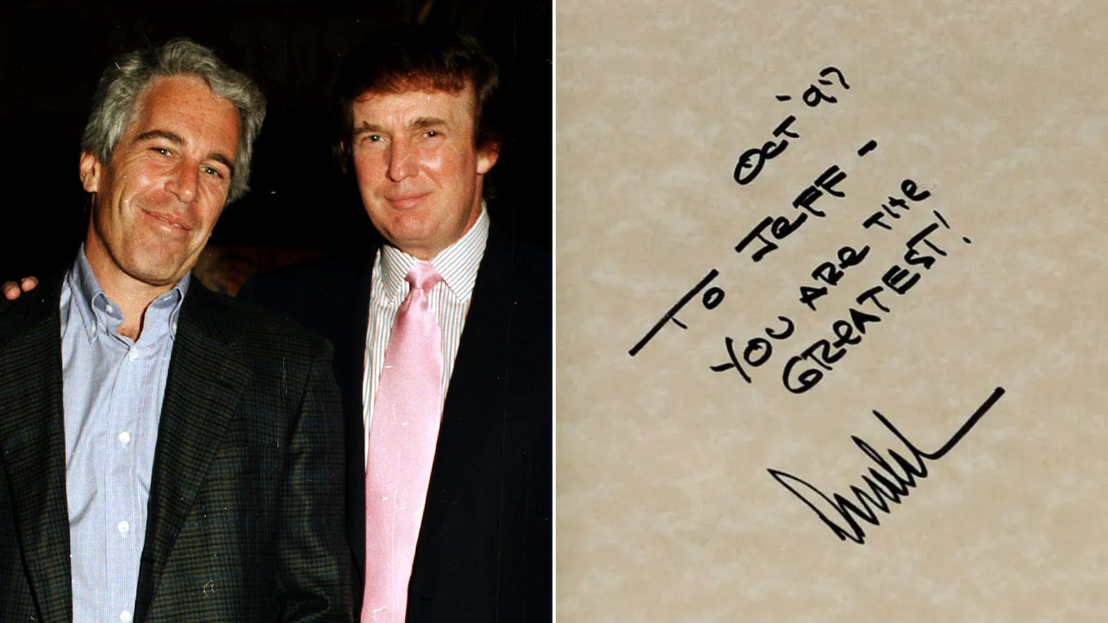 Jeffrey Epstein, Donald Trump and Trump's hand-written message.