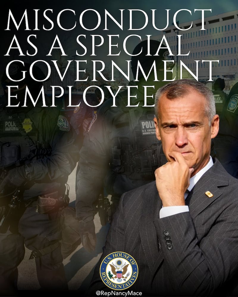 The graphic Nancy Mace used to accompany her letter to the Oversight Committee regarding allegations of corruption at DHS involving Corey Lewandowski.