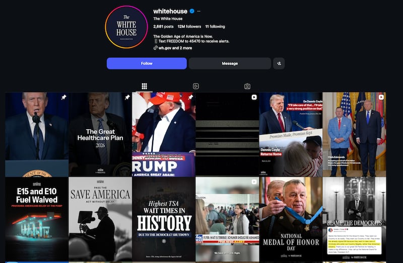 The White House's Instagram page after deleting the video.