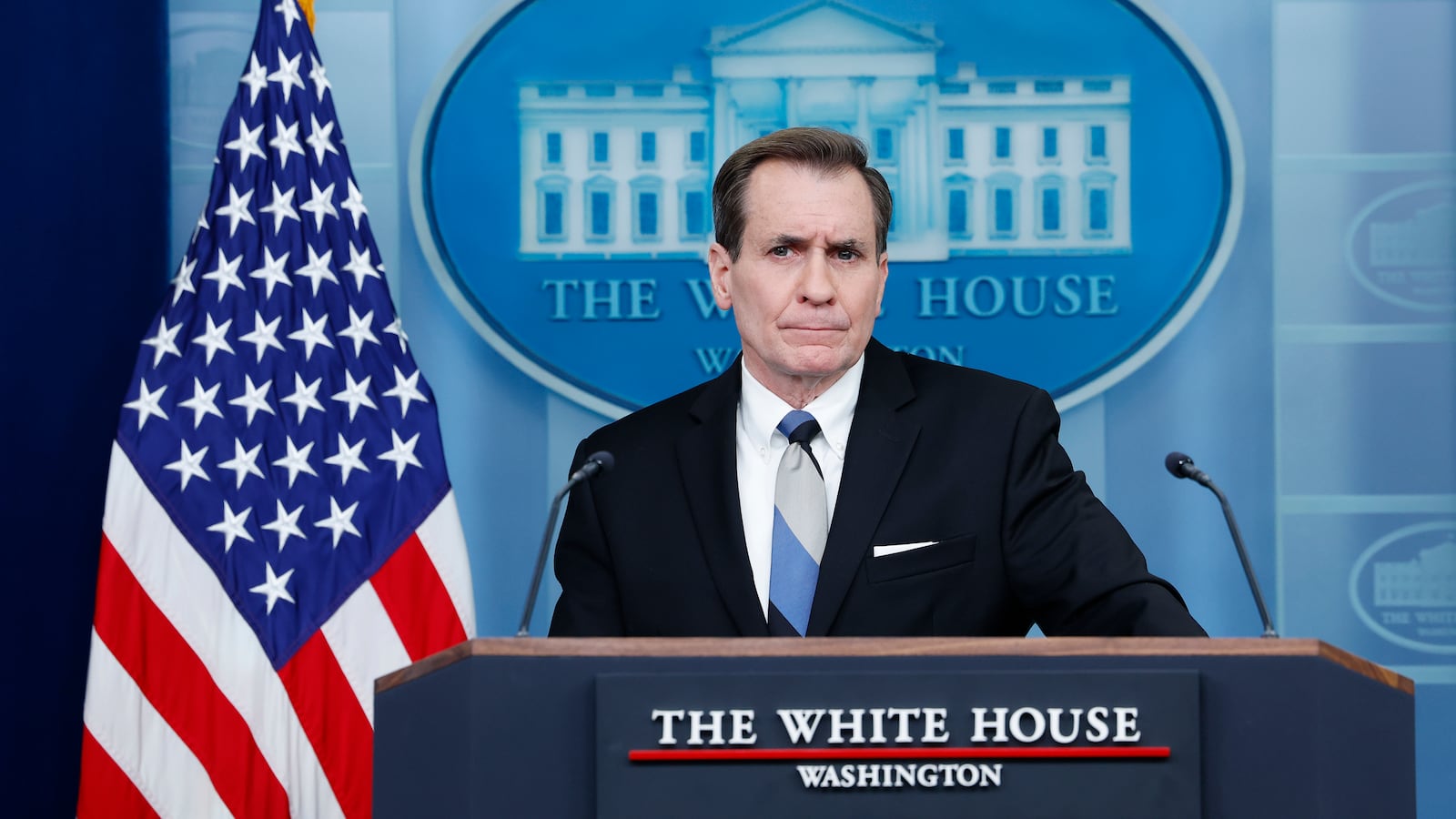 White House National Security Communications Advisor John Kirby spoke about news of Russia's emerging anti-satellite device, in a White House press briefing on Feb. 15, 2023.