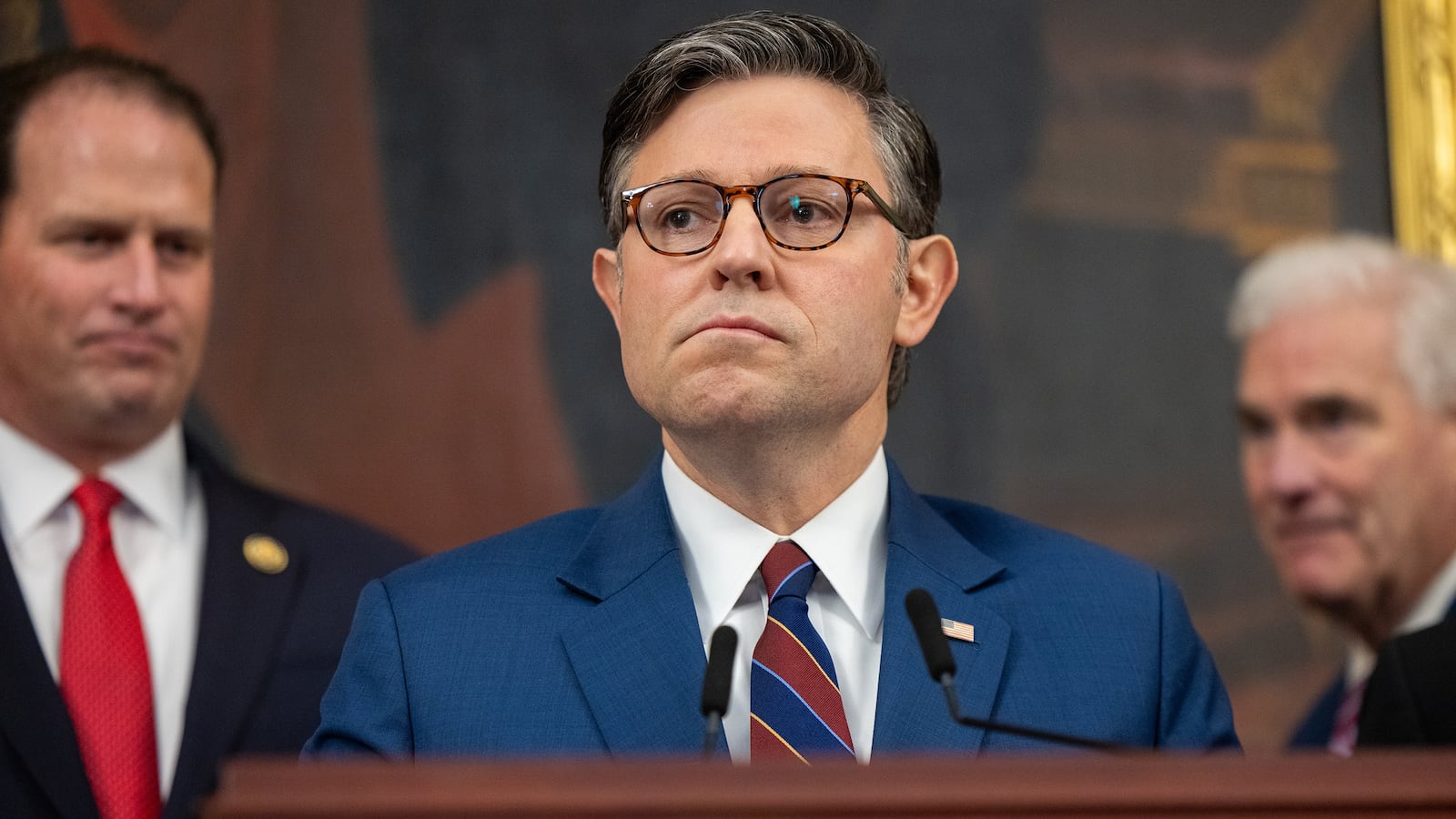 Speaker of the House Mike Johnson (R-LA) speaks at a press conference with members of the Republican Study Committee as well as other members of House Republican leadership, on the 28th day of the government shutdown in Washington, DC on October 28, 2025.