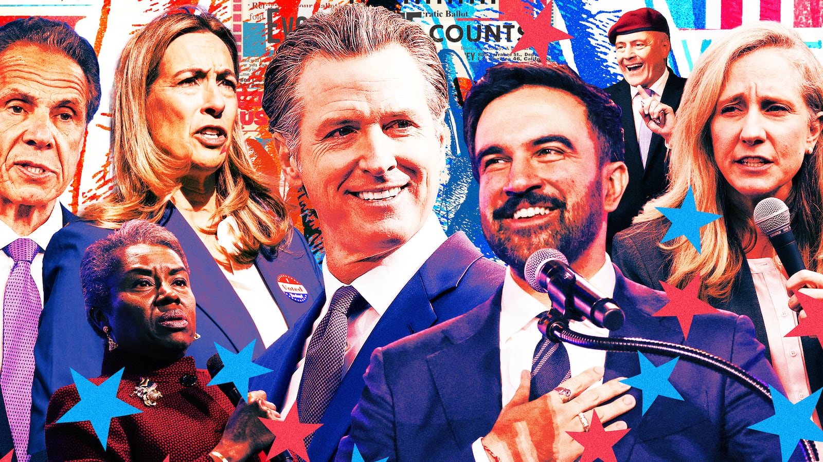 A photo illustration of Election Day candidates Zohran Mamdani and Gavin Newsom.