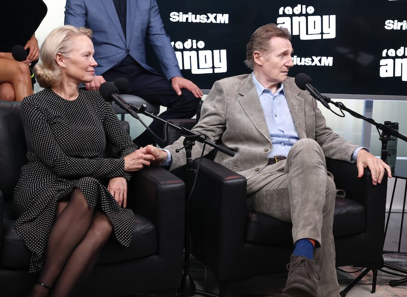 NEW YORK, NEW YORK - JULY 30: Pamela Anderson and Liam Neeson speak during SiriusXM's Town Hall with the cast of "The Naked Gun" hosted by Andy Cohen at SiriusXM Studios on July 30, 2025 in New York City. (Photo by Cindy Ord/Getty Images for SiriusXM)