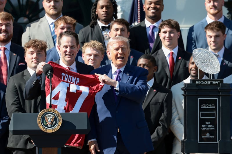 Trump received a jersey from Indiana University head football coach Curt Cignetti while hosting the national championship team at the White House last month.