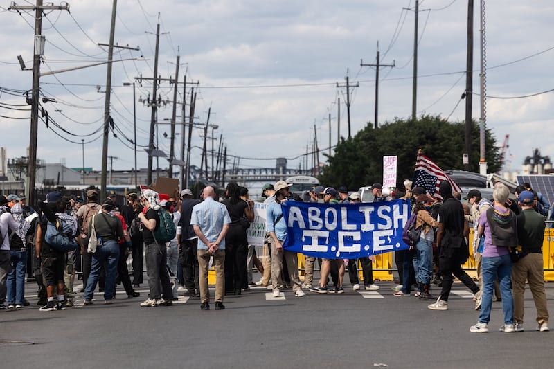 People gather to continue protesting against U.S. Immigration and Customs Enforcement (ICE) outside a barrier near the Delaney Hall detention center, in Newark, New Jersey, U.S., May 31, 2026. REUTERS/Caitlin Ochs