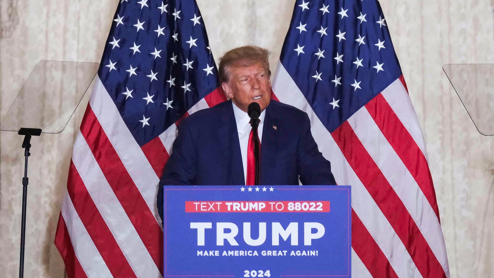 Former U.S. President Donald Trump delivers remarks on the day of his court appearance in New York