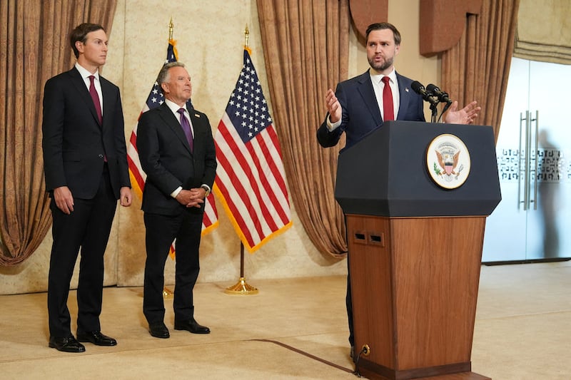 Vice President JD Vance speaks during a press conference