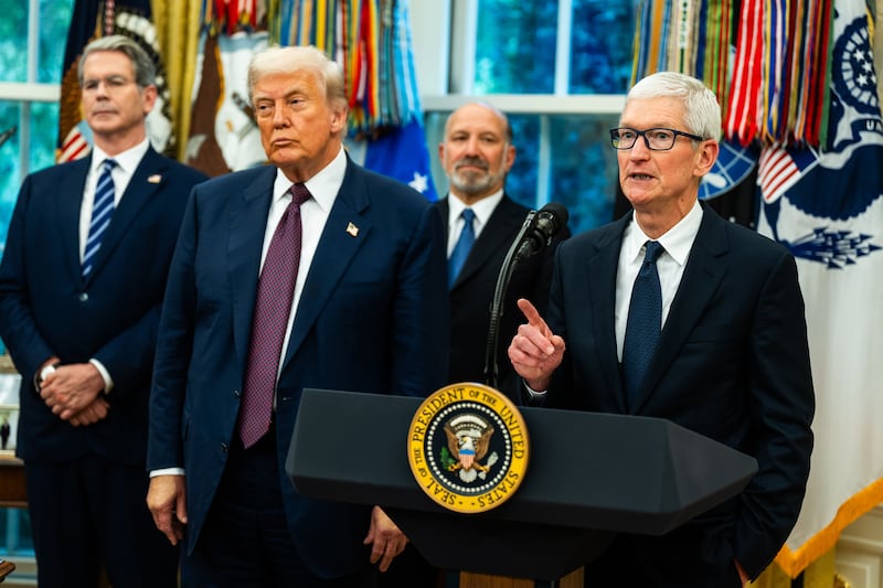 CEO of Apple Tim Cook speaks during a meeting with US President Donald Trump in the Oval Office of the White House on Wednesday August 6, 2025.