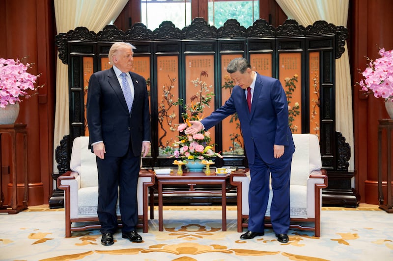 Chinese President Xi Jinping gestures during a meeting with U.S. President Donald Trump on the sidelines of their visit to the  Zhongnanhai Garden in Beijing, China, May 15, 2026