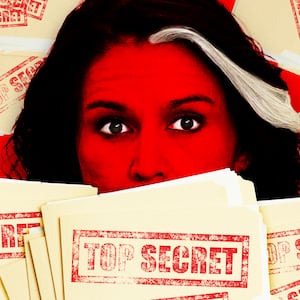 A photo illustration of Tulsi Gabbard surrounded by top secret folders and files.