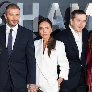 LONDON, ENGLAND - OCTOBER 03: (L-R)Harper Beckham, David Beckham, Victoria Beckham, Brooklyn Beckham and Nicola Peltz attend the Netflix 'Beckham' UK Premiere at The Curzon Mayfair on October 03, 2023 in London, England.  (Photo by Samir Hussein/WireImage)