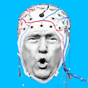 illo illustration of Donald Trump, Barack Obama, Joe Biden with Trump wearing a eeg brain scanning helmet cap