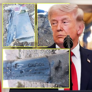 Photo composite showing Donald Trump during his speech to the nation and photos purportedly showing the wreckage of a f-15 fighter jet shot down by Iran