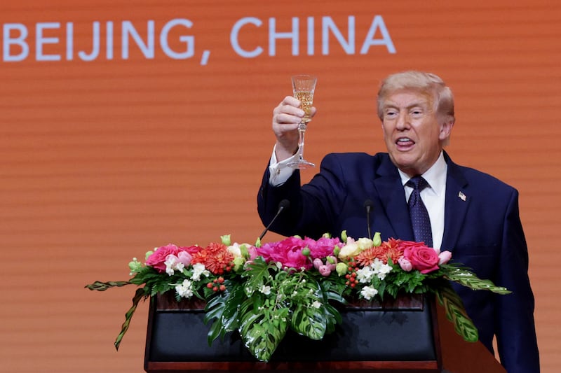 BEIJING, CHINA - MAY 14: U.S. President Donald Trump makes a toast during a state banquet hosted by Chinese President Xi Jinping at the Great Hall of the People on May 14, 2026 in Beijing, China. Both President Trump and President Xi addressed ways to enhance bilateral economic cooperation and investment, and agreed that Iran should not be allowed to have a nuclear weapon. According to Chinese state media, Xi emphasized the importance of the Taiwan issue, and that a mishandling could sour U.S.-China relations.
