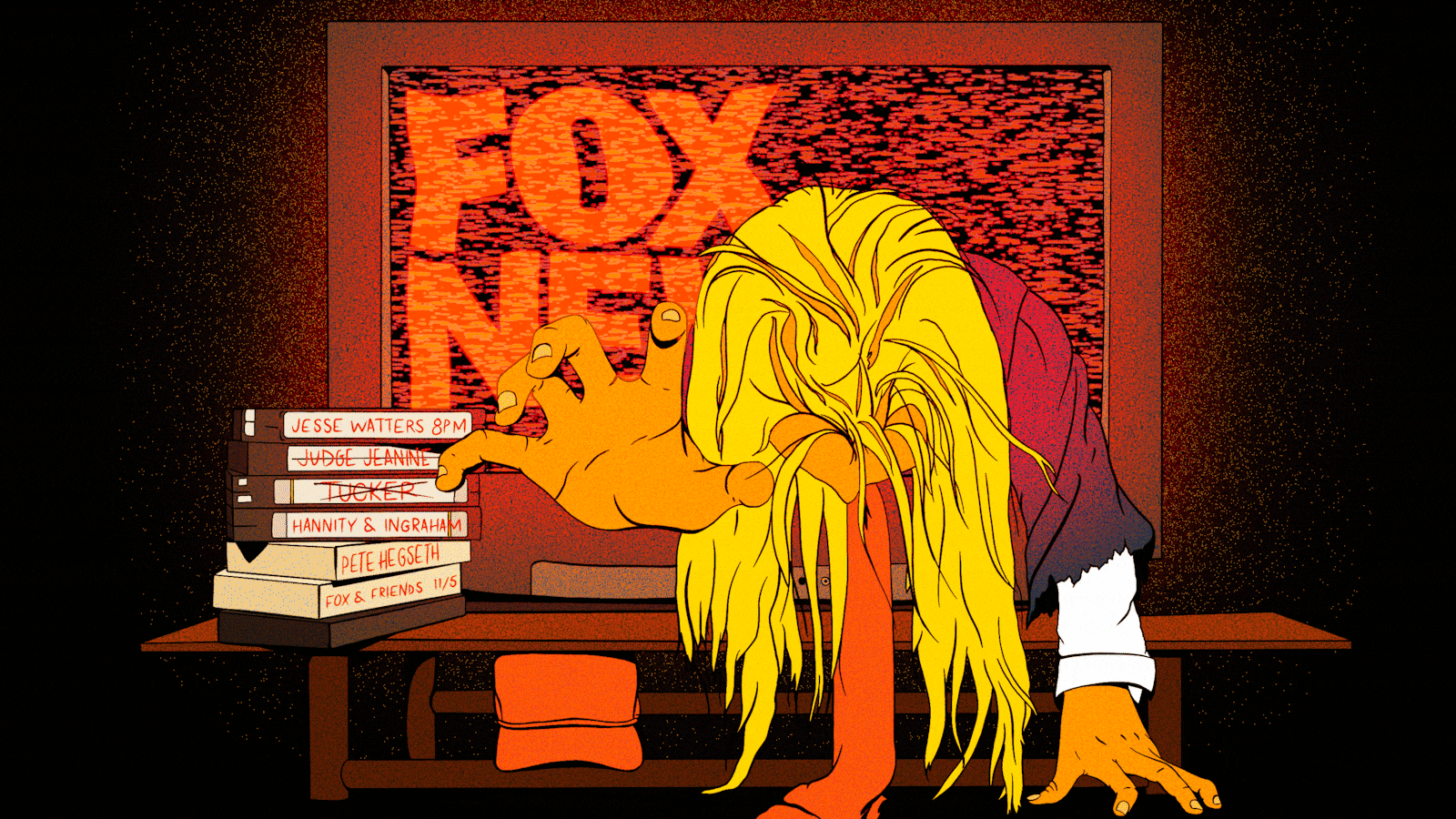 Donald Trump as Samara from The Ring coming out of a TV showing Fox News