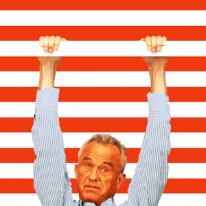 RFK Jr. and Sean Duffy doing pull ups on a red and white stripe background