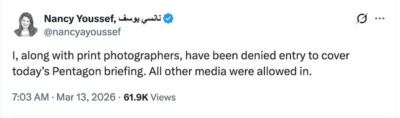The Atlantic's national security reporter said she was denied access to Defense Secretary Pete Hegseth's briefing on March 13.