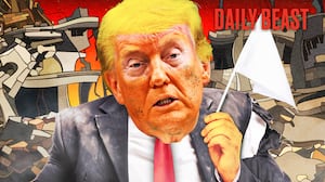 A photo illustration of Donald Trump waving a white flag in front of a rubble pile.