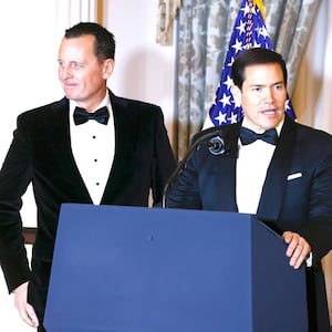 Ambassador Richard Grenell (L), Kennedy Center President, and U.S. Secretary of State Marco Rubio (R) onstage at the 48th Kennedy Center Honors Medallion Reception