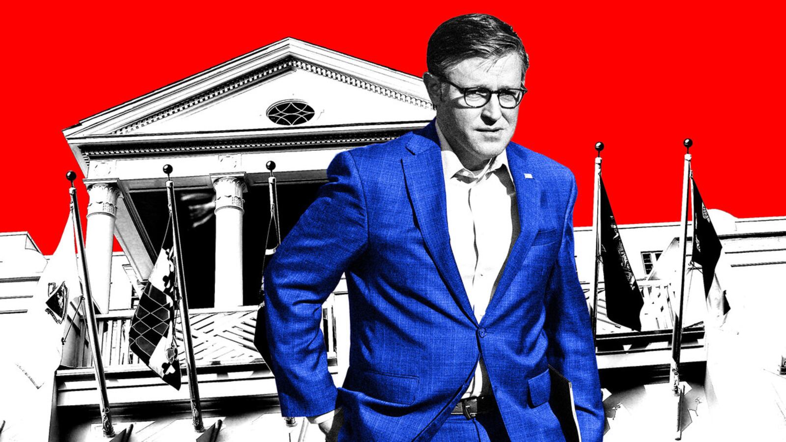 A photo illustration of Mike Johnson looking dour in front of Greenbrier Resort