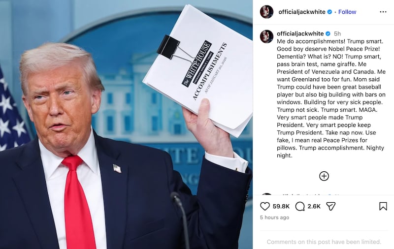 Jack White posted a photo on Instagram mocking Trump's first year in office with a caption mocking Trump's intelligence and speaking skills.