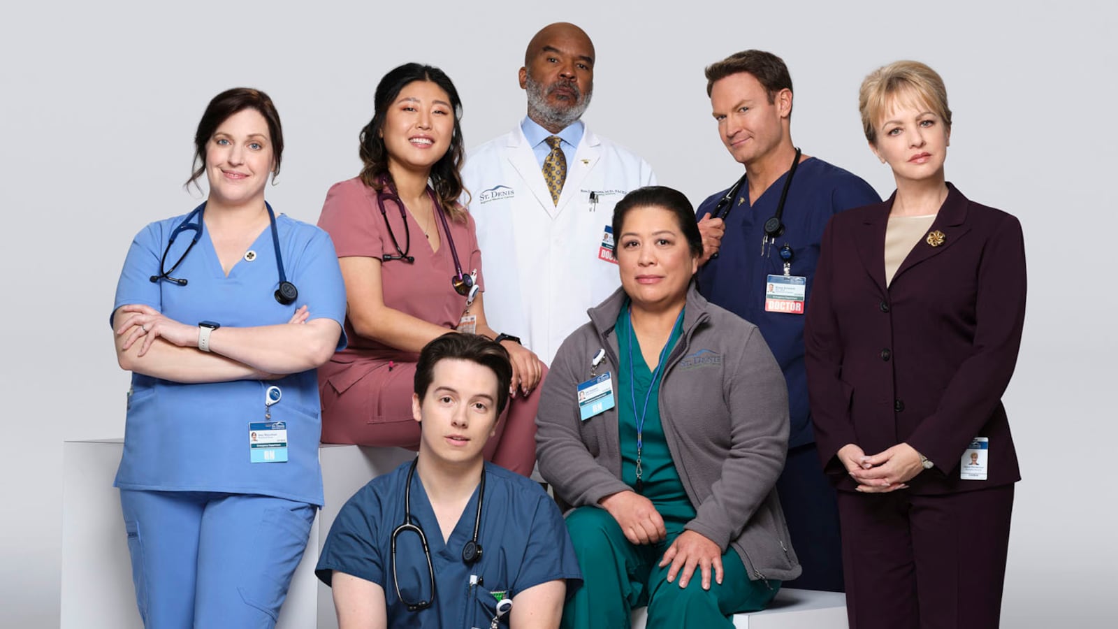 Pictured: (l-r) Allison Tolman as Alex, Kahyun Kim as Serena, Mekki Leeper as Matt, David Alan Grier as Ron, Kaliko Kauahi as Val, Josh Lawson as Bruce, Wendi McLendon-Covey as Joyce