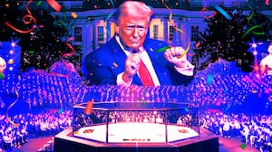 A photo illustration of Donald Trump, UFC arena match, in front of the White House.