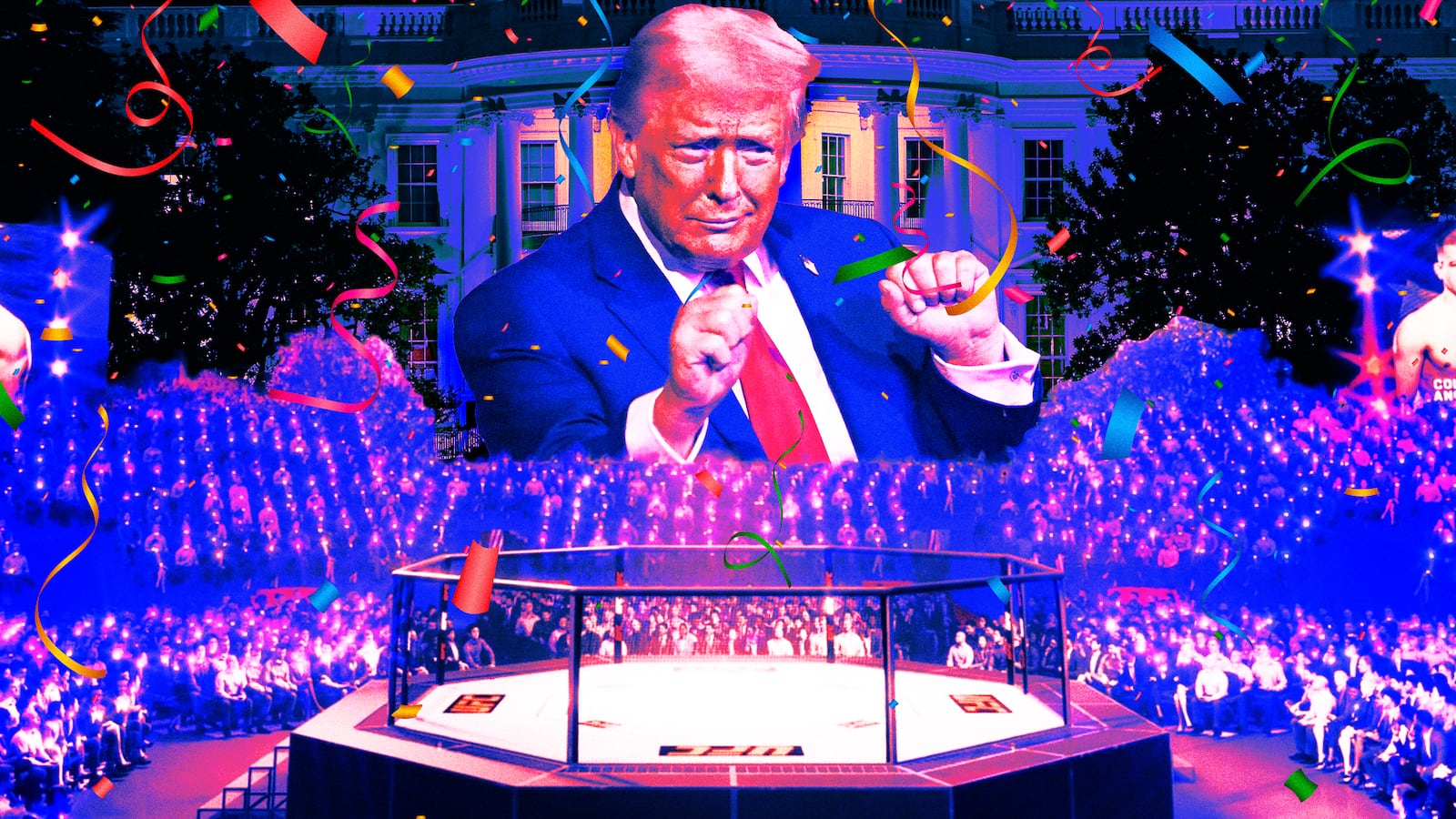 A photo illustration of Donald Trump, UFC arena match, in front of the White House.