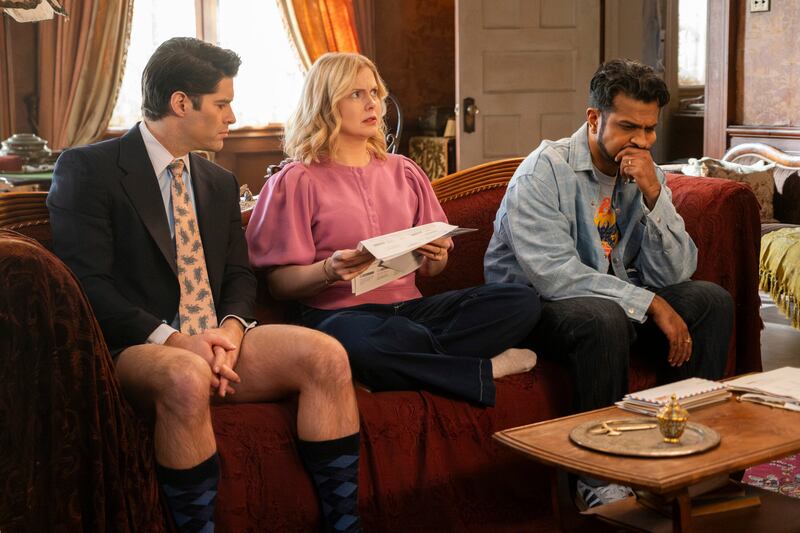 Asher Grodman as Trevor, Rose McIver as Samantha and Utkarsh Ambudkar as Jay in "Ghosts"