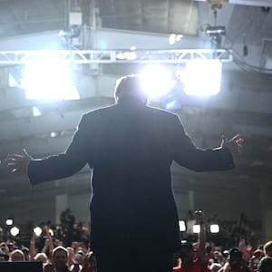 US President Donald Trump speaks during a campaign rally at Pinnacle Bank Expo Center in Grand Island, Nebraska, on October 5, 2026.