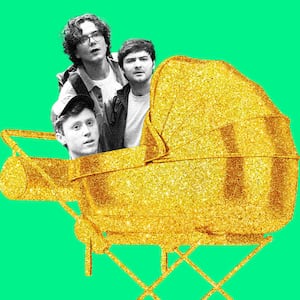 Photo illustration of the members of Please Don’t Destroy in a golden, glitter baby pram.