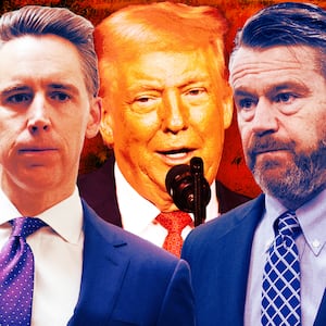 A photo illustration of Todd Young, Josh Hawley and Donald Trump.