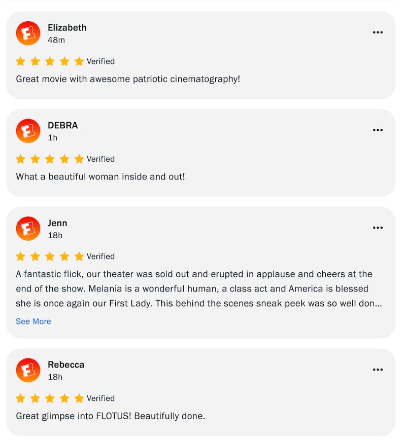 Audience reviews on Rotten Tomatoes for 'Melania.'