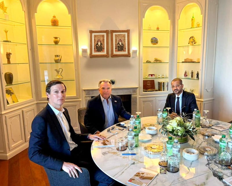 Omani Foreign Minister Badr Albusaidi meets with U.S. Special Envoy Steve Witkoff and Trump's son-in-law Jared Kushner, in Geneva, Switzerland, February 26, 2026.