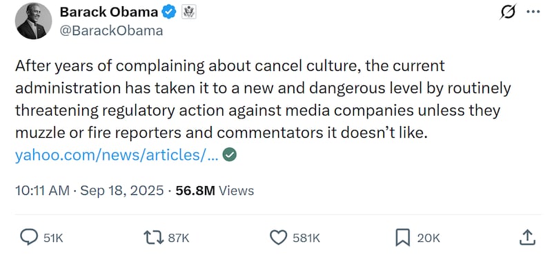 Barack Obama post on X