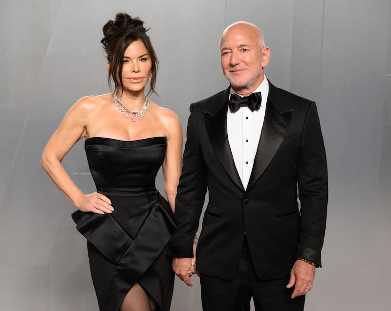 Lauren Sánchez and Jeff Bezos attend the 2026 Vanity Fair Oscar Party hosted by Mark Guiducci at Los Angeles County Museum of Art on March 15, 2026, in Los Angeles, California.