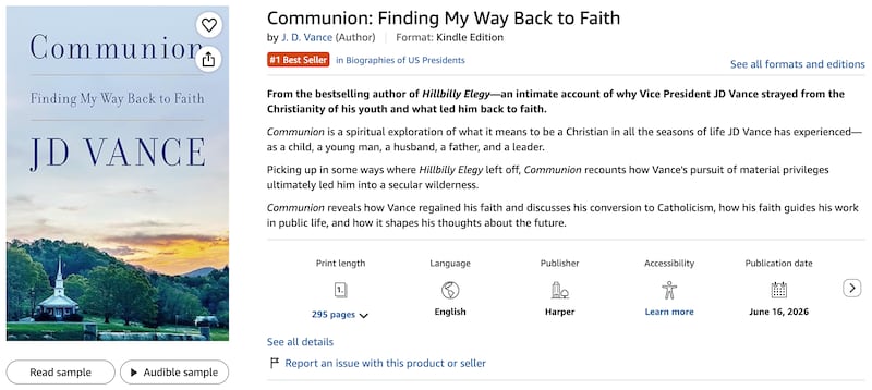 An Amazon listing for “Communion” by JD Vance.