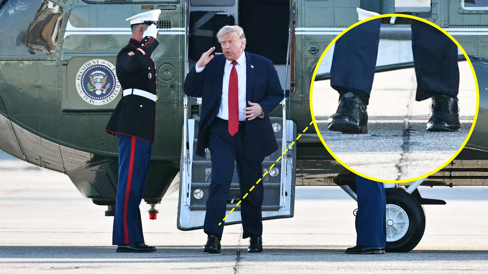 Donald Trump cankles as he steps off Marine One at Geneva Airport after attending the G7 summit, in Geneva on June 17, 2026.