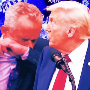 A photo illustration of RFK Jr sneezing and Donald Trump.