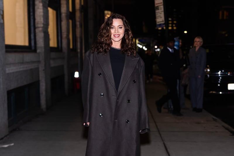 Aubrey Plaza attends Ami Paris Chez Balthazar restaurant on February 16, 2026 in New York City.