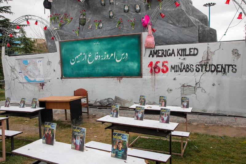 TEHRAN, IRAN - MARCH 28: A memorial for the victims of the Shajareh Tayyebeh primary school bombing is on display on March 28, 2026 in Tehran, Iran. The bombing, in which U.S. forces hit the school with Tomahawk missiles while targeting an adjacent military base, killed between 175 and 180 people, most of them young female students. The United States and Israel have continued their joint attack on Iran that began on February 28. Iran retaliated by firing waves of missiles and drones at Israel and U.S. allies in the region, while also effectively blockading the Strait of Hormuz, a critical shipping route. (Photo by Majid Saeedi/Getty Images)