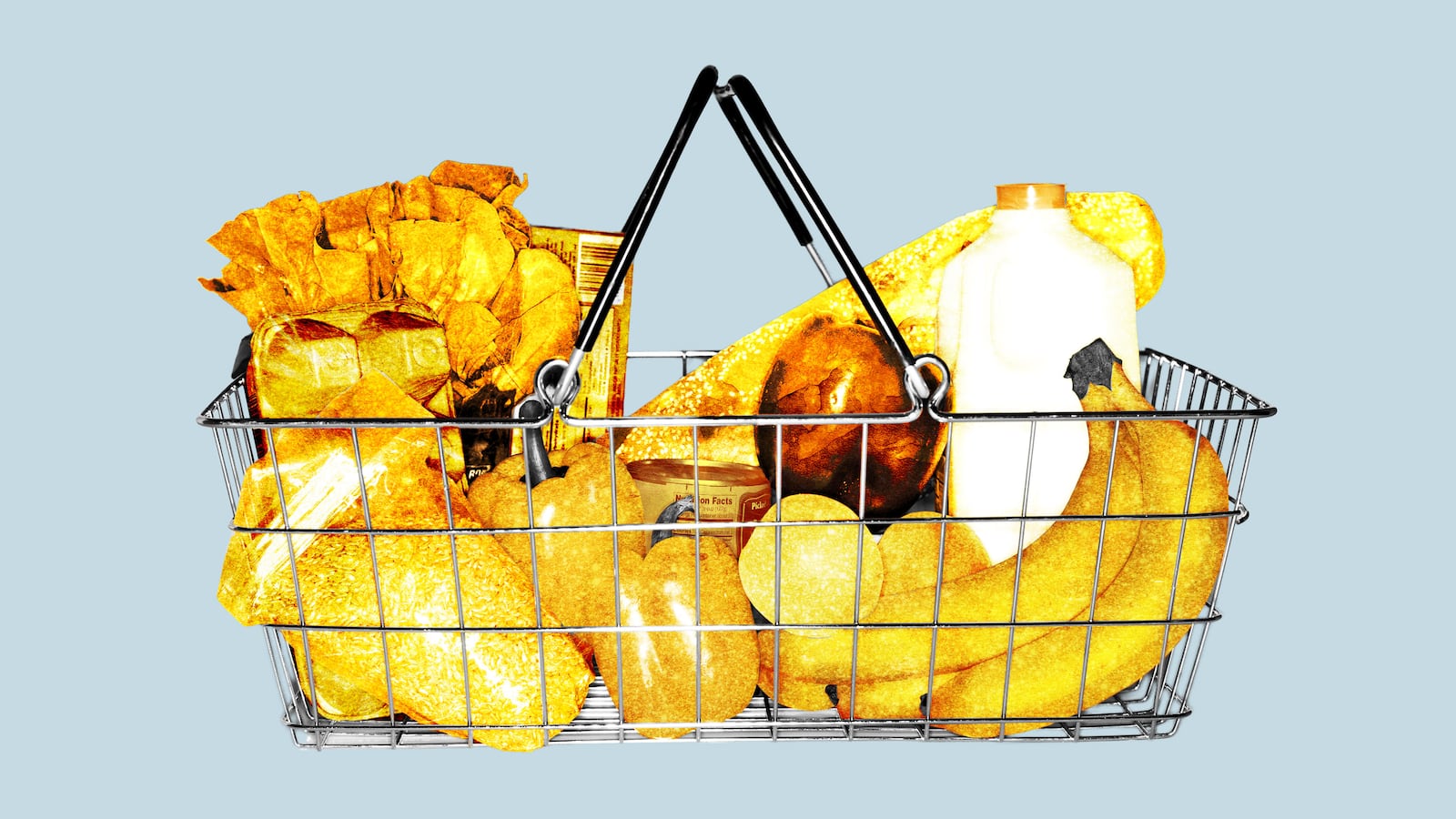 Illo illustration of a grocery basket with gold grocery items