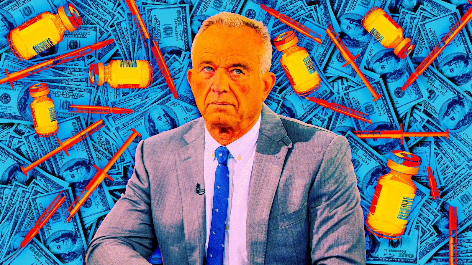 A photo illustration of RFK Jr., money, and broken vaccines.