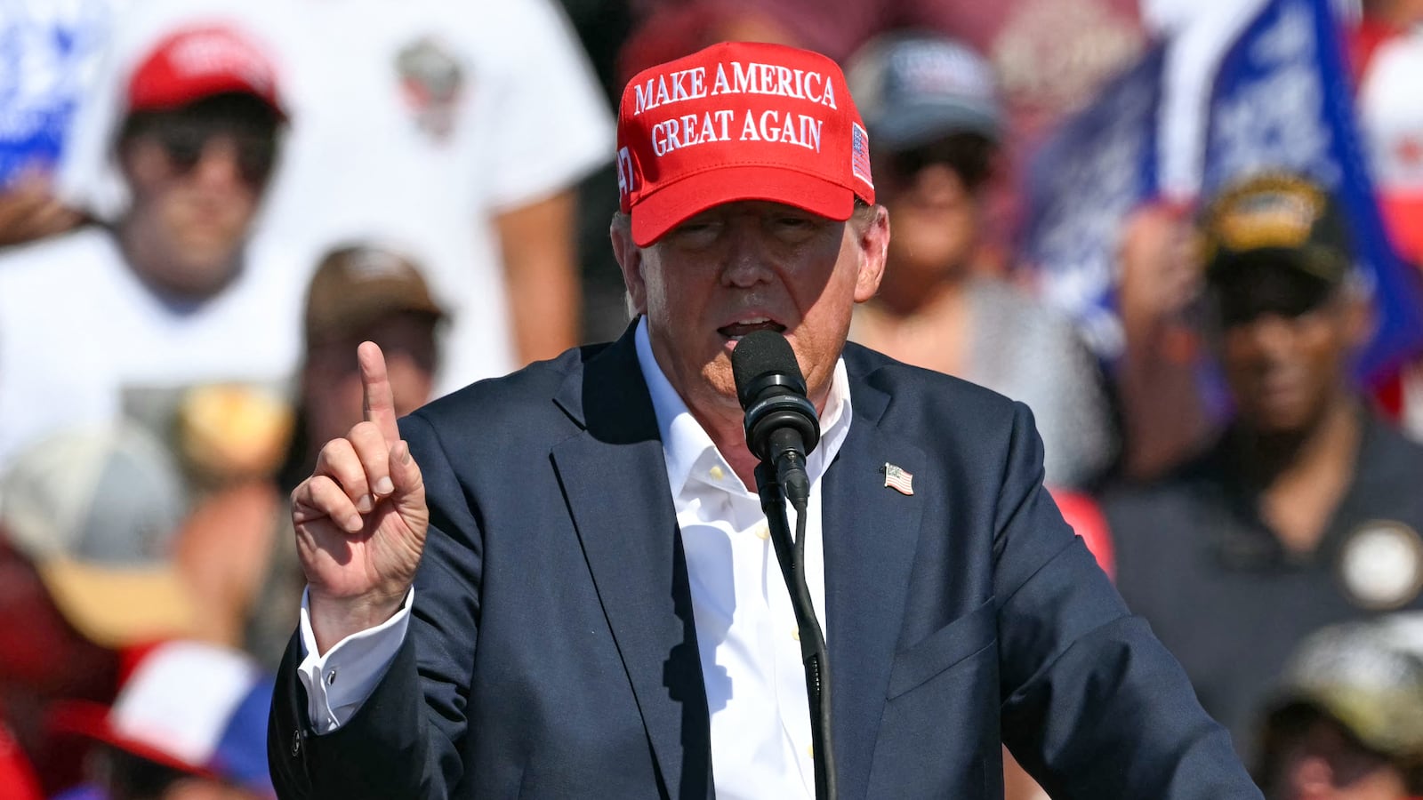 Donald Trump speaks during a campaign rally at the Historic Greenbrier Farms in Chesapeake, Virginia, on July 28, 2024.