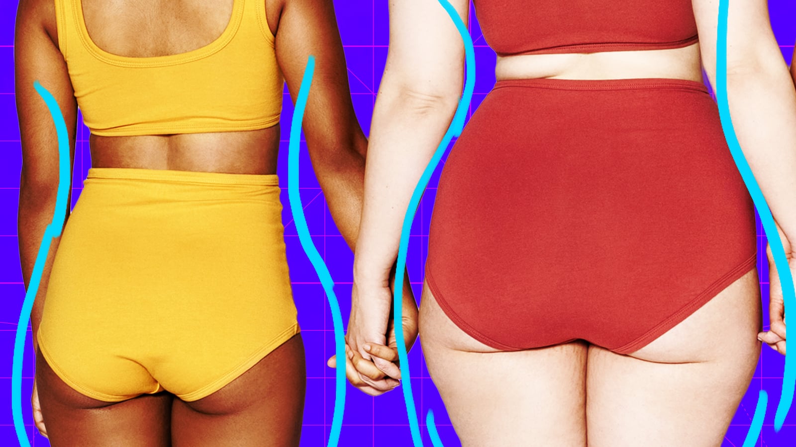 A photo illustration of women from behind holding hands on a purple background with blue lines.