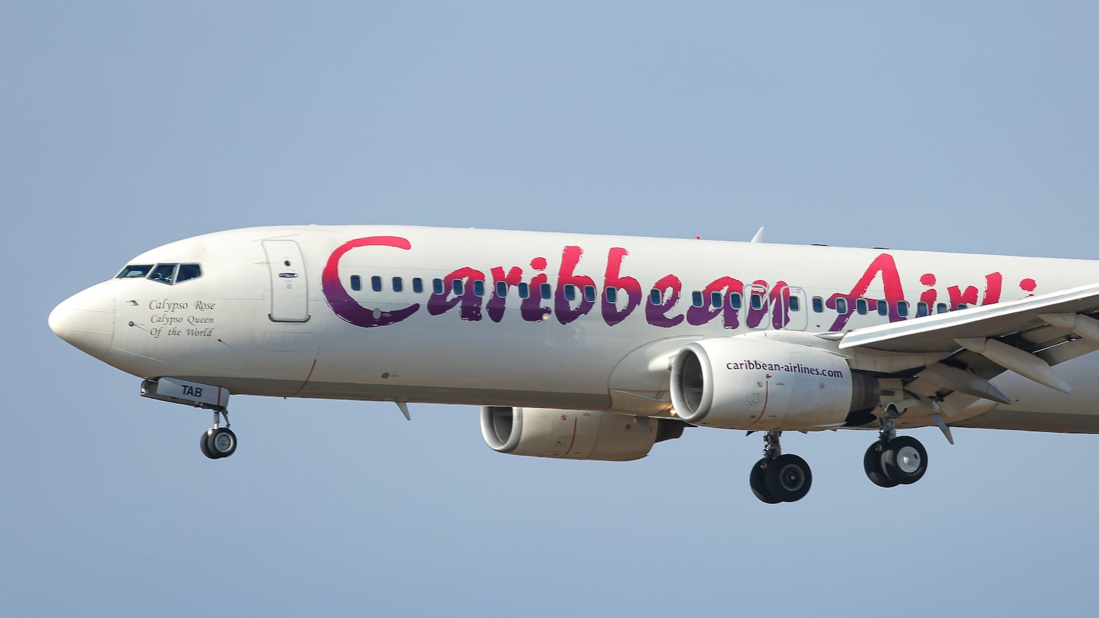 Caribbean Airlines Boeing 737-800 commercial aircraft as seen on final approach landing at New York JFK John F Kennedy International airport in NY, USA. The B737 airplane has the registration 9Y-TAB and paint on the tail of a hummingbird. Caribbean Airlines Limited BW BWA is the state-owned airline and flag carrier of Trinidad and Tobago, Headquartered in Iere House in Piarco, the airline operates flights to the Caribbean, North America and South America. February 13, 2020 (Photo by Nicolas Economou/NurPhoto via Getty Images)